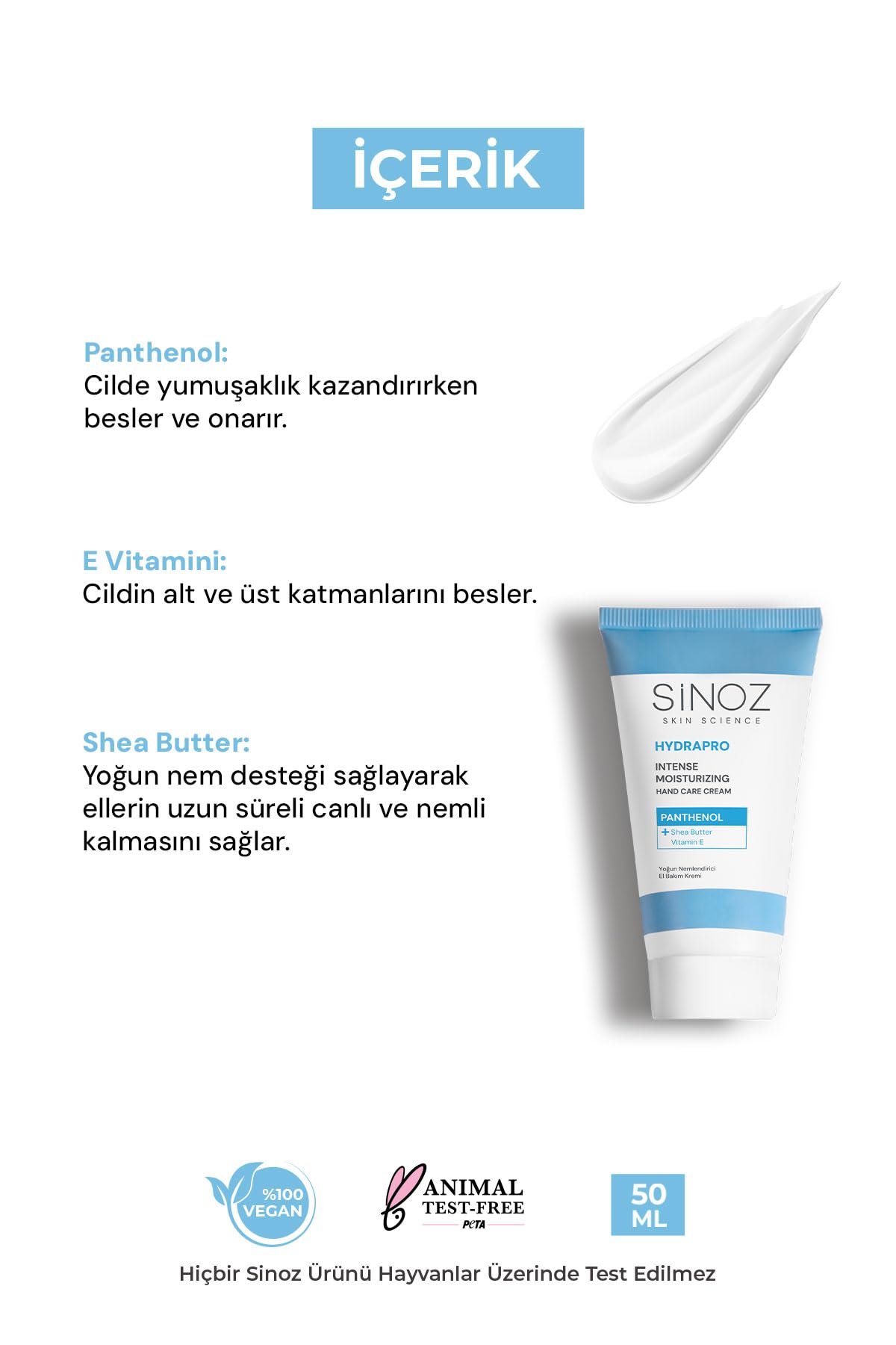 Sinoz Hydrapro Vitamin E Panthenol İçeren Yoğun Nemlendirici El Bakım Kremi 50 ml