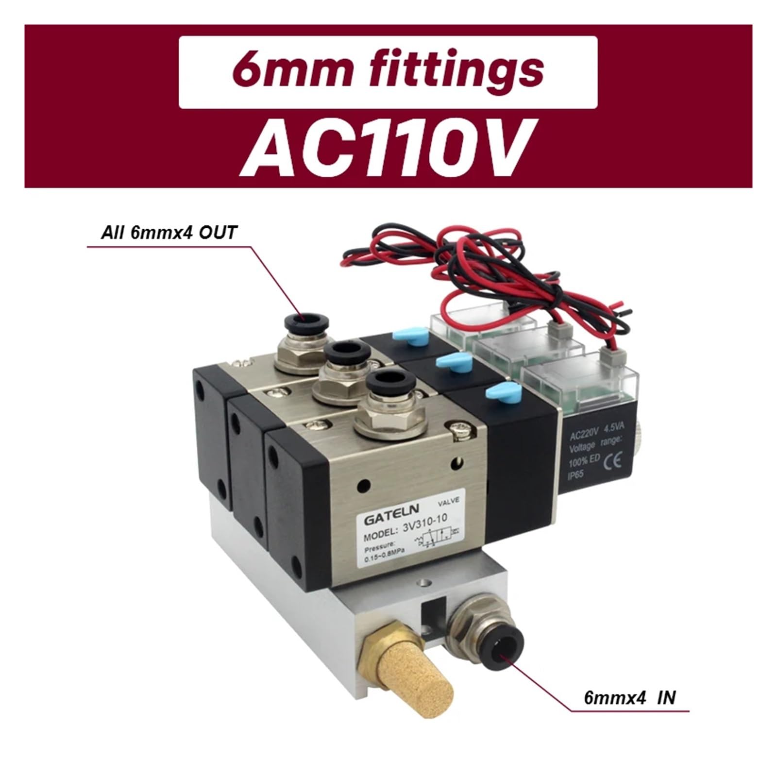 3V310-10-NC normalnie zamknięty blok stacji elektromagnetycznej z cichymi akcesoriami Kolektor podstawa DC12v DC24v AC110v AC220v 3 porty (AC110V 6mm fittings)