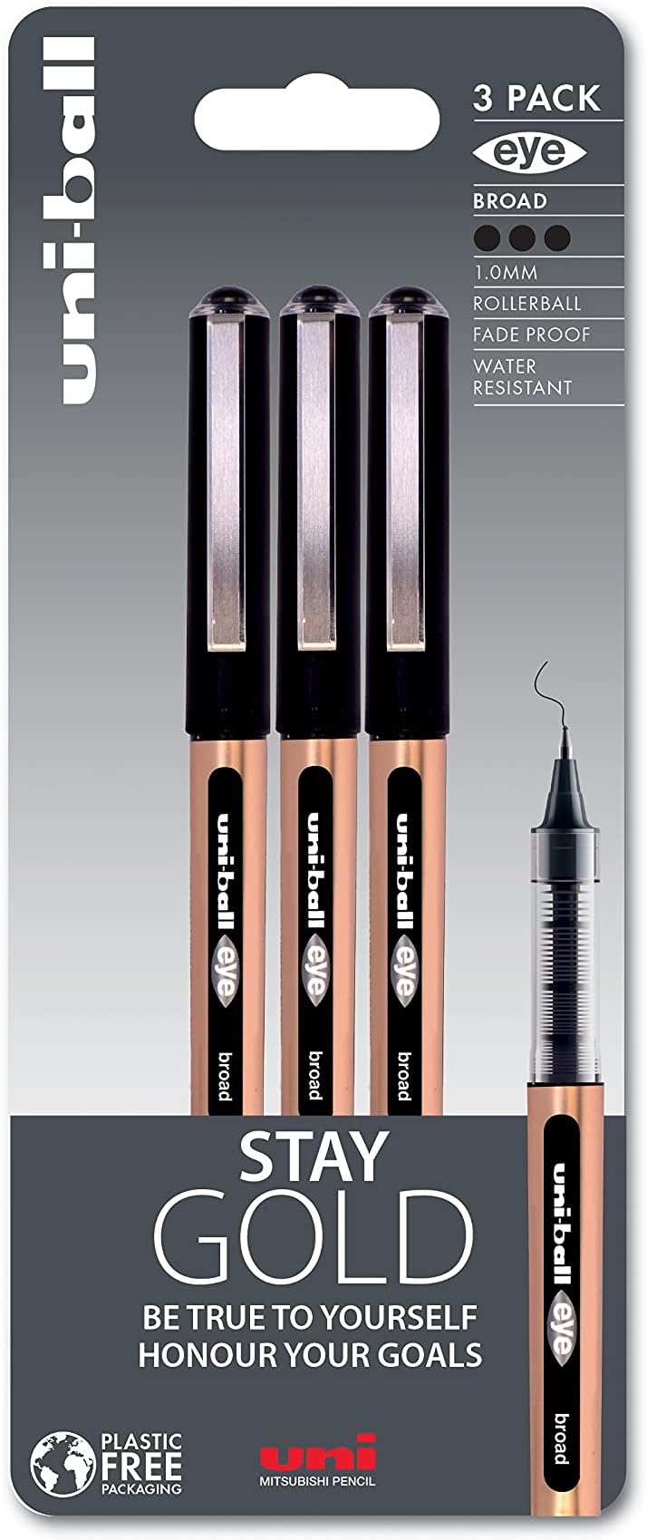 On Point Stay Gold Eye Broad Rollerball Handwriting Pens 3 Pack in Black Ink