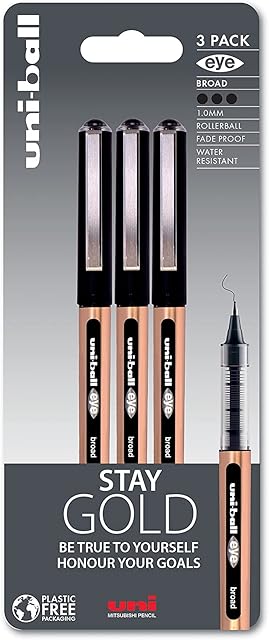 Uni-Ball UB-150-10 Eye On Point Stay Gold Broad Ballpoint Black Pens. Premium 1.0mm Rollerball Tip for Super Smooth Handwriting. Fade and Water Resistant Liquid Uni Super Ink. Pack of 3