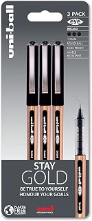 uni-ball UB-150-10 Eye On Point Stay Gold Broad Ballpoint Black Pens. Premium 1.0mm Rollerball Tip for Super Smooth Handwriting. Fade and Water Resistant Liquid Uni Super Ink. Pack of 3