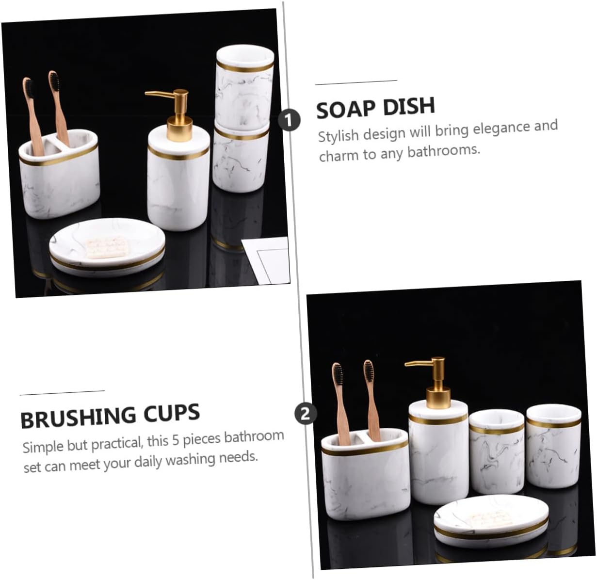 5-Piece Marble Effect Bathroom Accessory Set Resin Toothbrush Holder Soap Dish Brushing Cups Hand Bottle Stylish Sanitary Ware for Home Decor