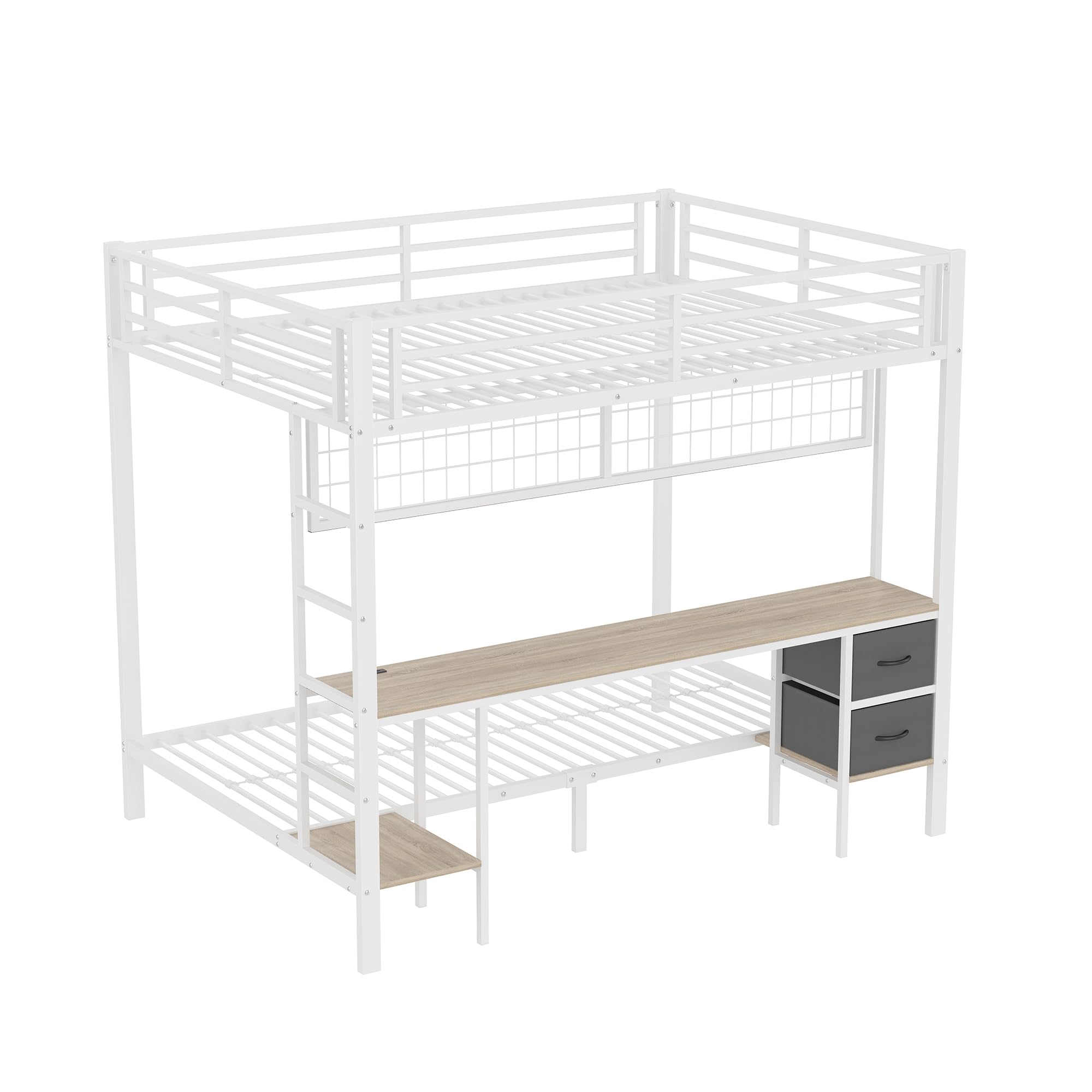 Zepneiy Letto a soppalco 140 x 200 cm, con 7 LED colorati e presa USB, letto a soppalco con scrivania e cassetti, letto per ragazzi con scala e ringhiere, bianco (senza materasso)