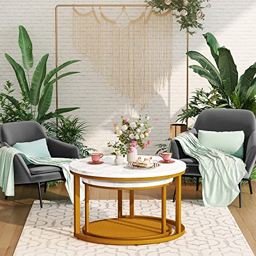 Awqm Coffee Table For Living Room, Modern Nesting Coffee Table Set Of 2, Contemporary Accent Coffee And Snack End Table For Living Room, Golden Frame Round And Marble White Pattern Coffee Tables, 29" #TOP4