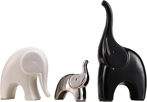 3 Elephants Ceramic Ornaments Set, Black and White Silver
