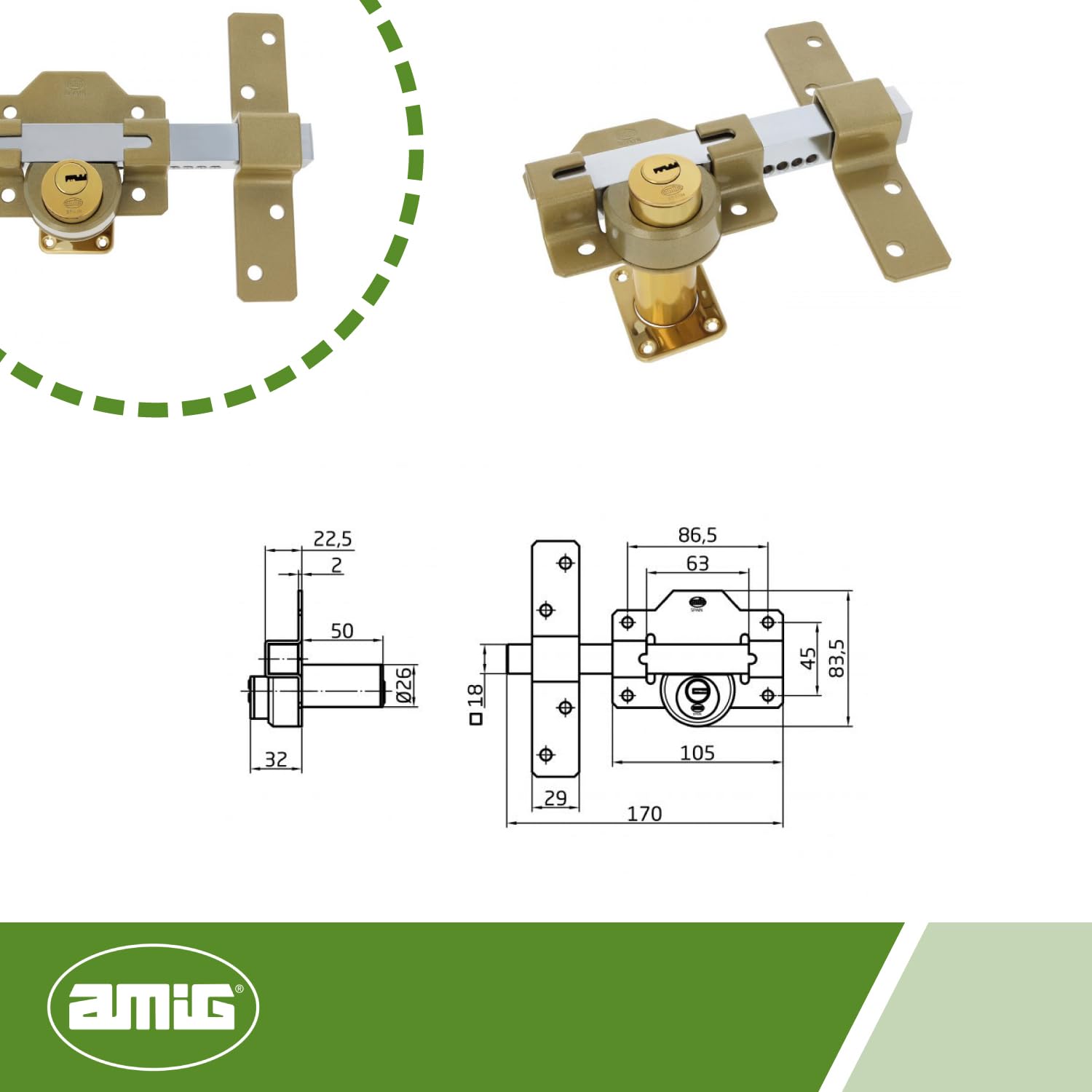 Amig - Zamek z okrągłym cylindrem wewnętrznym i zewnętrznym Mod. 4 | 105 x 170 mm | Blokada bezpieczeństwa z kluczem | Zawiera 5 kluczy punktowych | Stal Martelé