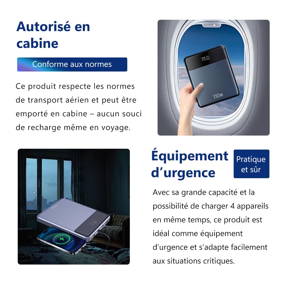 Batterie Externe 30000mAh 111Wh|USB-A&USB-C entrée/Sortie|Charge Rapide PD 110W|4 appareils simultanés|Écran LCD|Compatible iOS,Smartphone,Tablette,Console,Montre|Voyage Urgence,Noir