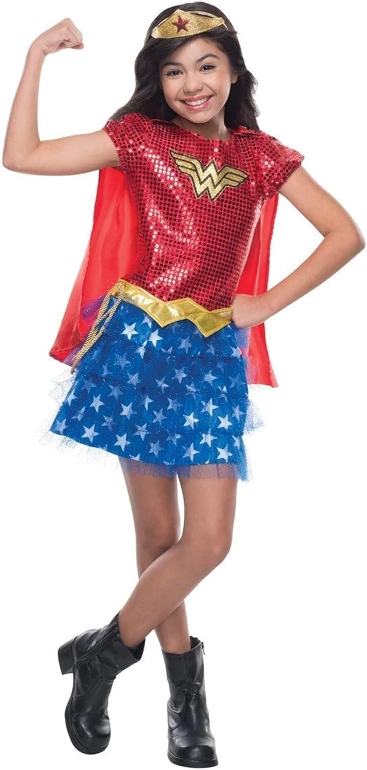 Rubies Girl's DC Superheroes Wonder Woman Sequin Costume Dress with Cape and Tiara, Medium