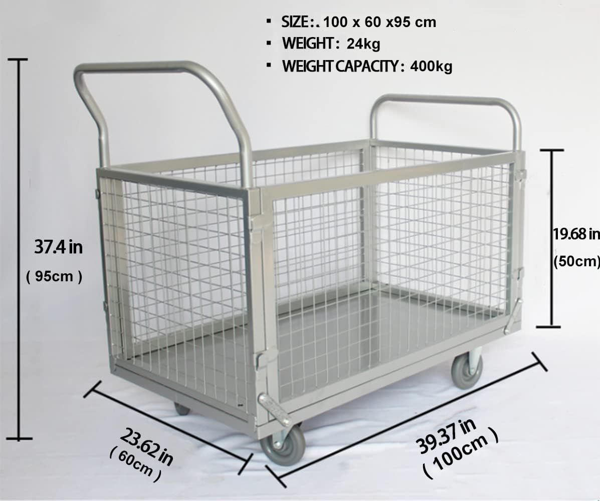 4 in 1 Carrello con Ruote Portatutto 400 kg Griglia Laterale Rimovibile Ruote Girevoli con Freno, Carrello da Trasporto Lavoro Carrelli a Piattaforma Caricatore Pieghevole Industriale