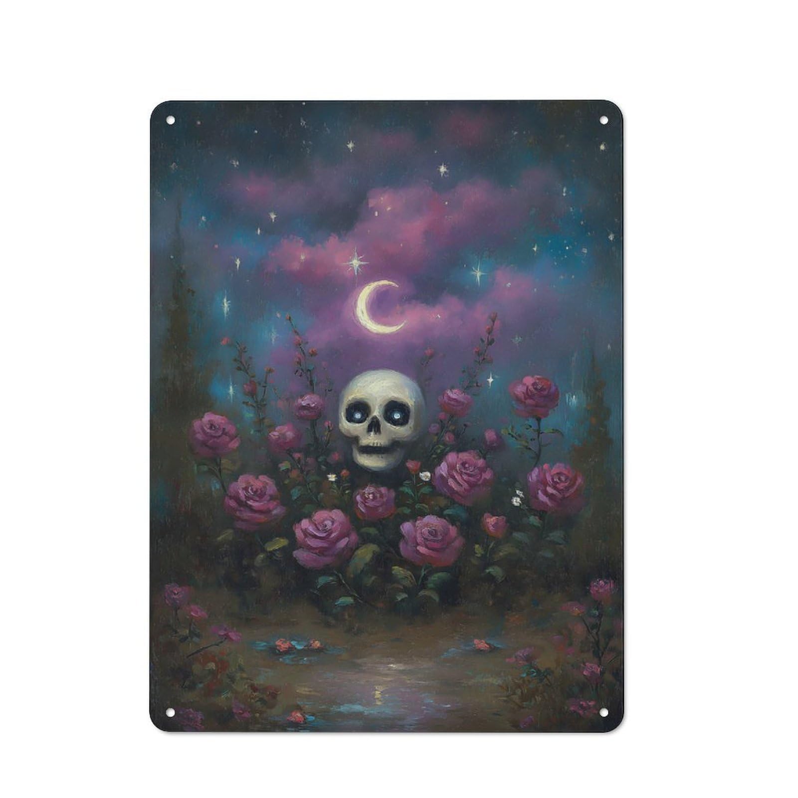 Junmoney Skull, Roses, And Crescent Moon Painting Vintage Vintage Metal Sign 40X30cm, Pub Wall Decor For Cafe, Pub, Workshop Or Home Bar