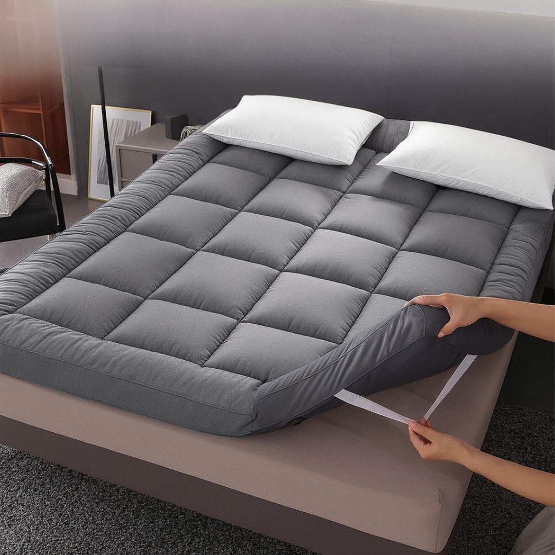 10cm Thick Grey Mattress Topper Single Bed - 1000GSM Heavy Filling Quilted Extra Deep | Fluffy, Breathable, Soft, Box Stitched | Mattress Pad | Corner Elastic Straps Machine Washable (Single)