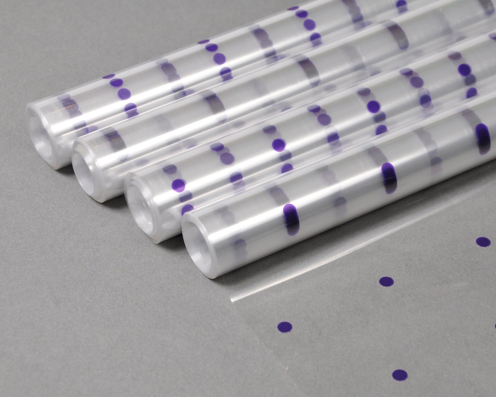 Cellophane Wrap Hamper Florist Film - 800mm Wide x 10m Long - 4 Rolls (40m) - Purple Dot | Wrapping Paper & Gift Wrap for Bouquets, Baskets & Hampers – Supplied On a Roll with No Cardboard Core