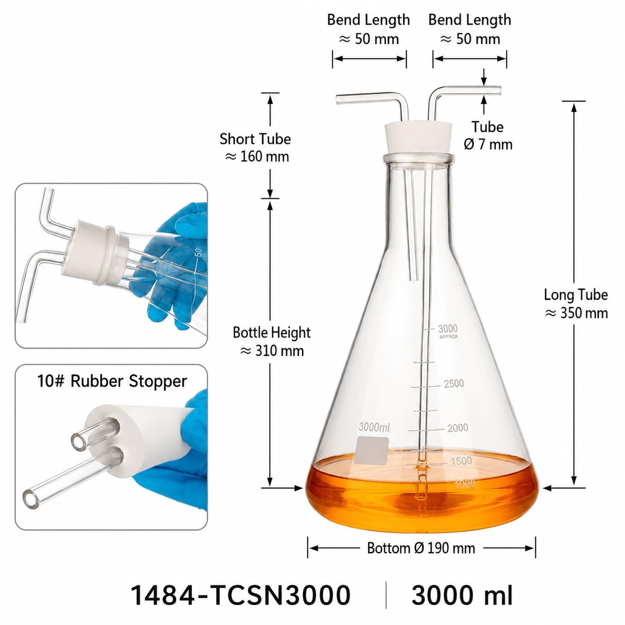 Matraz Cónico Graduado Frasco Lavador Gas Vidrio Borosilicato Químico-3000ml