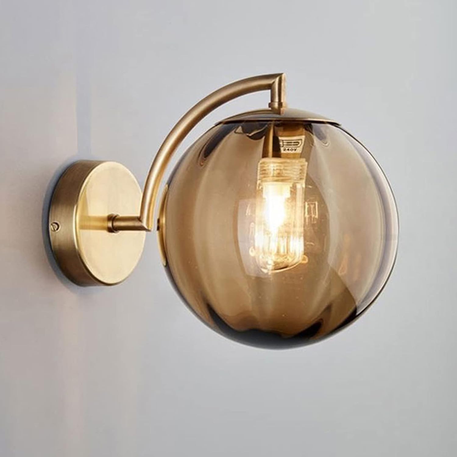 KBUUKYYXouy Renter Friendly Post Modern Nordic Glass Wall Sconce Industrial Farmhouse Mid Century Wall Light Green Gray Amber Ribbed Glass Ball Round Bathroom Wall Mounted Lamp(Brown)