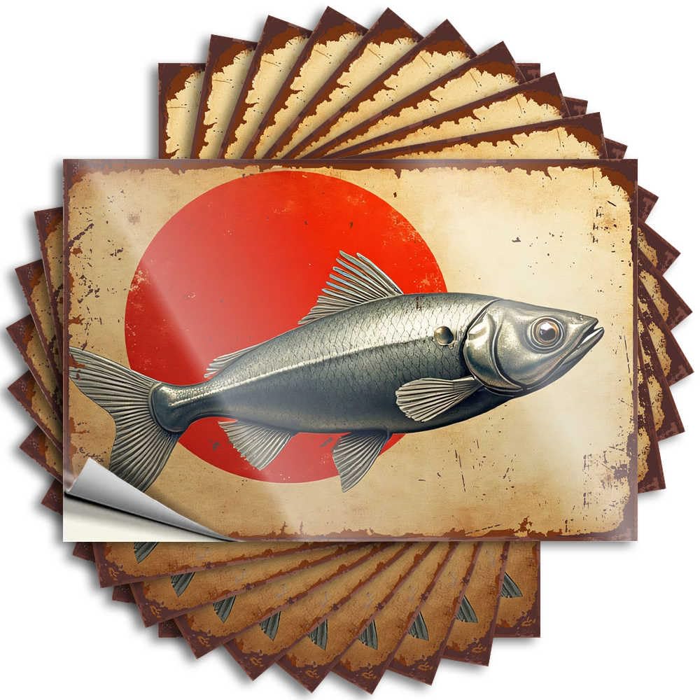 Metallic Fish Against A Red Circle Background Cats Funny Sticker | Stuff for Bedroom Waterproof Vinyl Window Outside Removable Decal Peel Stick(6X9CM)