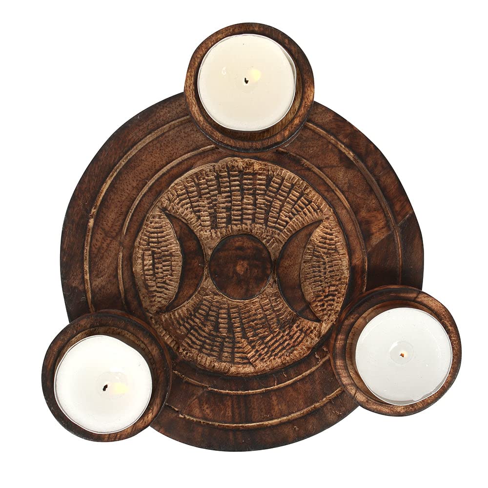 Enchanting Brown Wood Triple Moon Tea Light Candle Holder - 2.5cm x 17.2cm (1 Pc) - Exquisite Decoration, Quality Craftmanship - Ideal for Spiritual Home Decor