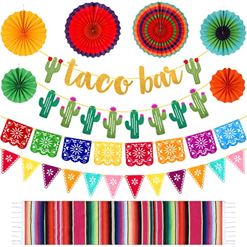 Tatuo 39 Pcs Taco Bar Decorations Mexican Fiesta Party Decorations Set Taco Bar Cactus Banner Serape Table Runner Paper Fans Mexicano Picado Banner for Day of The Dead Virgen De Guadalupe (Rose Red)