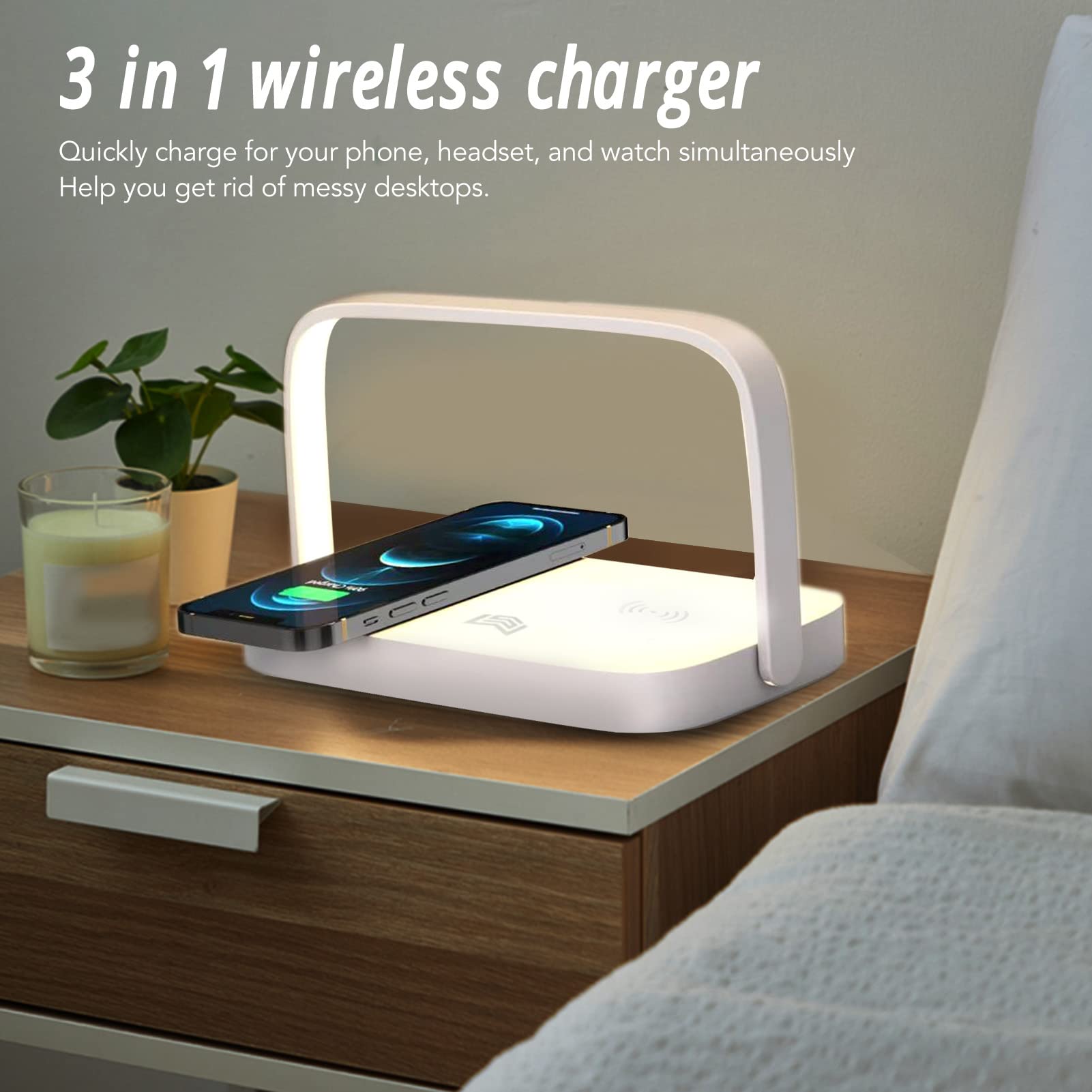 Caricabatterie Wireless 3 in 1 con Protezione da Sovracorrente, Sovratensione, Raffreddamento Rapido E Luce Notturna - Idea Regalo