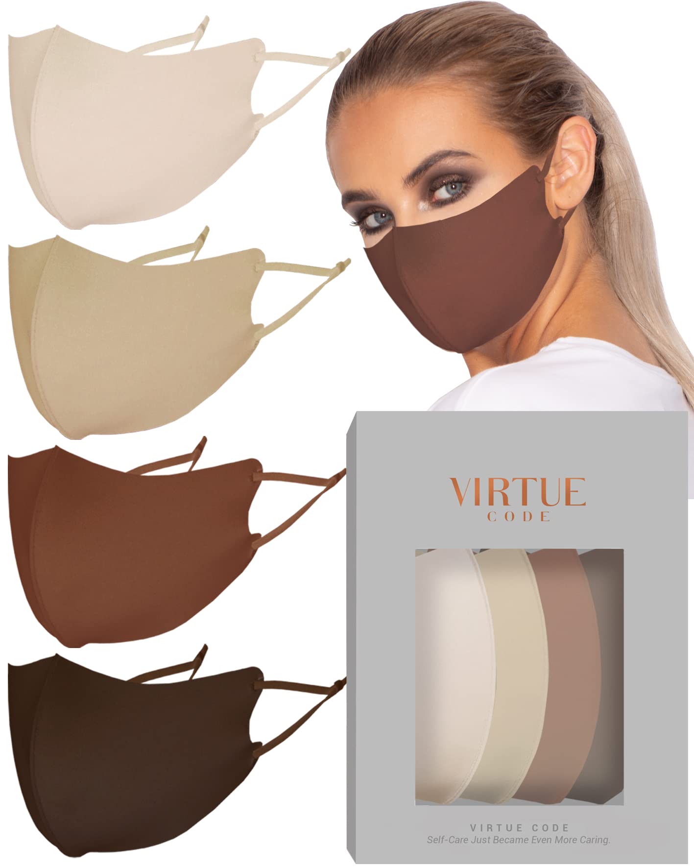VIRTUE CODE Second Skin Cloth Face Mask Pack with Adjustable Ear Loops. 4 Buttery Soft Masks Washable Fabric - Desert Rose Face Mask Reusable. Stretchy, Comfortable, Fresh Facemask.