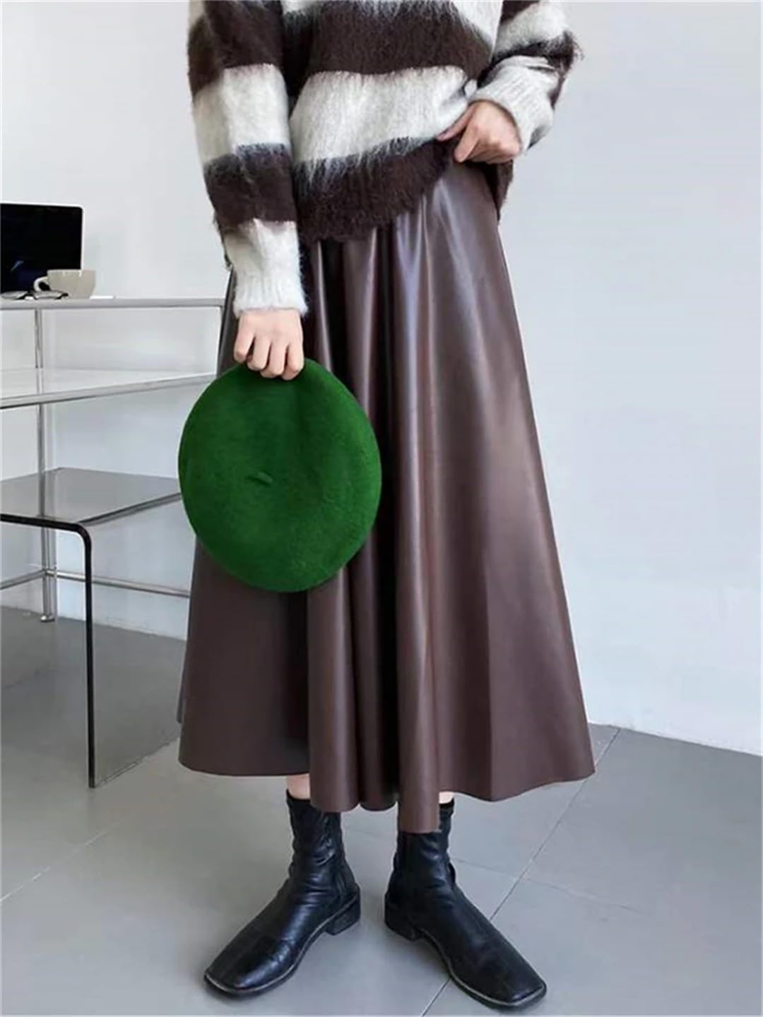 Wjnvfioo Faldas largas de cuero de la PU de las mujeres otoño invierno elástico cintura alta vintage A-Line Faldas