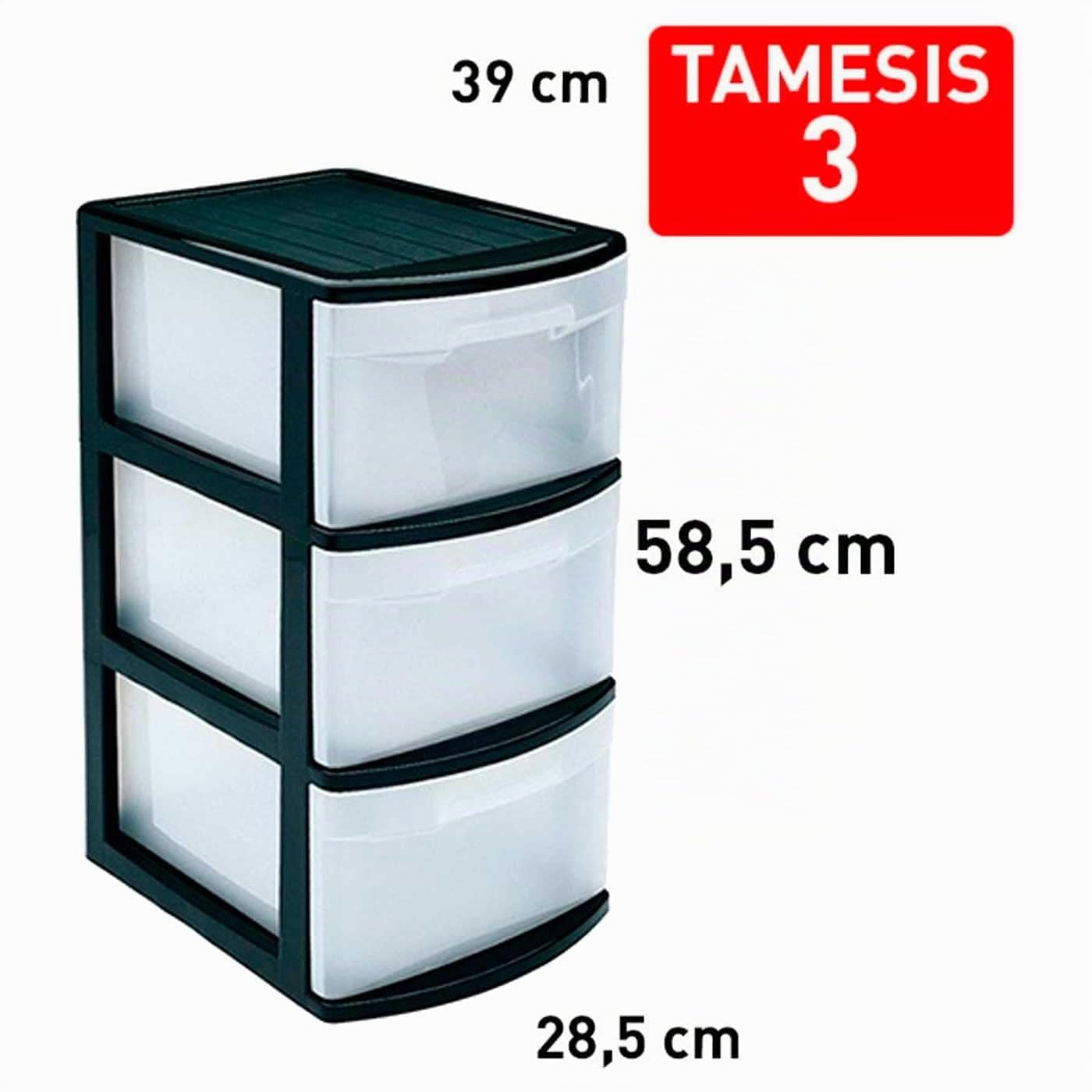 Acan Tradineur – Cassettiera Tamesis Multiuso a 3 cassetti – Senza ruote – Realizzata in plastica – 58,5 x 28,5 x 39 cm – Colore Nero