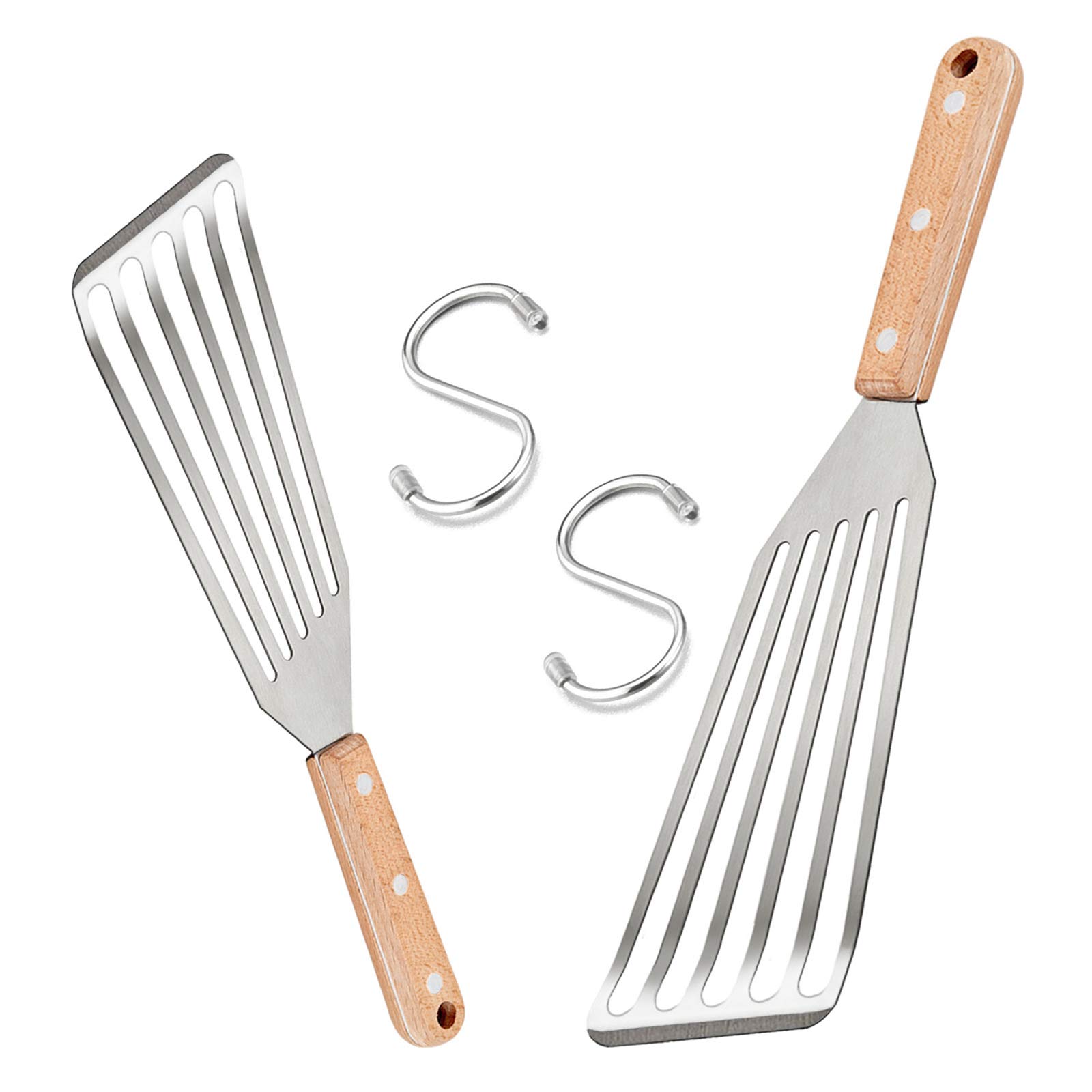 Fish Spatula Set of 2, HaSteeL Stainless Steel Slotted Spatula Turner with Riveted Wooden Handle, Professional Metal Spatulas Great for Kitchen Cooking Flipping Frying & Grilling, 2 x Hooks