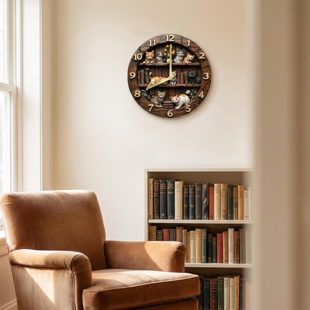 Cat-Themed Retro Wall Clock Silent Non-Ticking Wooden Round Decorative Clock Vintage Pet-Inspired Timepiece for Living Room Farmhouse Library Study Room Office (Small)
