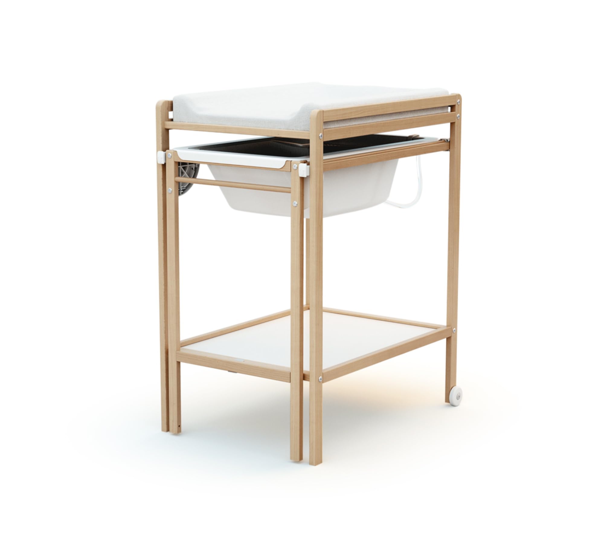 AT4 - Table à Langer avec Baignoire ESSENTIEL Hêtre verni| Dimensions dépliée (L x l x H) : 148 x 58 x 94 cm | Pliée (L x l x H) : 76 x 58 x 94 cm | Table avec roulettes | Avec tuyau de vidange