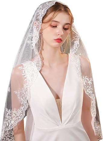 Kokoma Elegant Bridal Cathedral Veil with Floral Lace Embroidery, White Bridal Veil 1 Tier Fingertip Length Wedding Veils