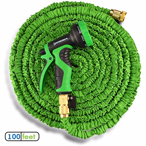 100ft Green Lightweight Retractable Garden hosepipe - Durable Outdoor Magic Water Hoses Stretch up to 3X Original Length - kit Includes Metal Fittings and Spray Gun - Fully Guaranteed