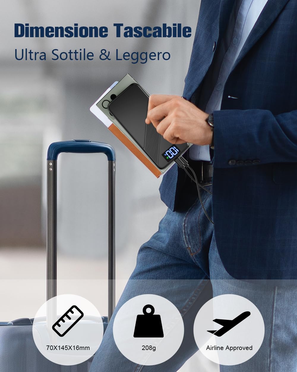 Power Bank, 10000mAh Ultra Sottile & Leggero PD 22.5W Ricarica Rapida Powerbank, USB C Caricatore Portatile Con LED Display Batteria Esterna per iPhone 16 15 14 13 12 Pro Max Samsung Xiaomi etc