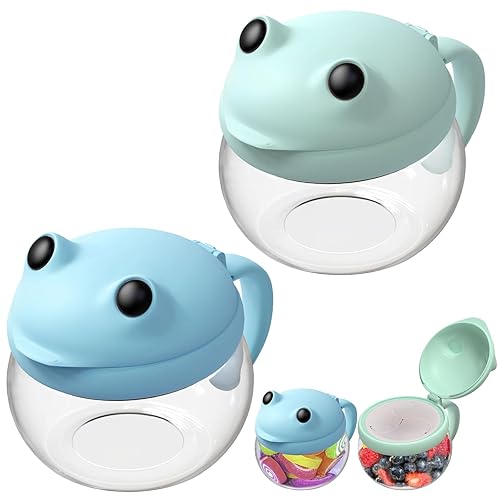 Miniatura 8 de SELEWARE Paquete de 2 recipientes para aperitivos para niños pequeños, sin derrames, tapa y asa a prueba de derrames, 12.3 onzas, plástico sin BPA,