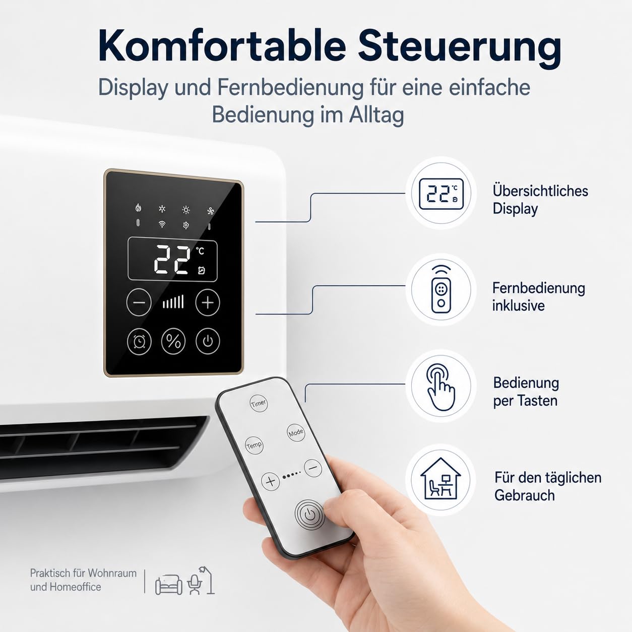 Klimaanlage, Wandmontierter Kühlventilator mit Fernbedienung, Mini Klimaanlage für Zuhause, Platzsparendes Design mit Kühl- und Heizfunktion für Schlafzimmer, Wohnzimmer und Büro