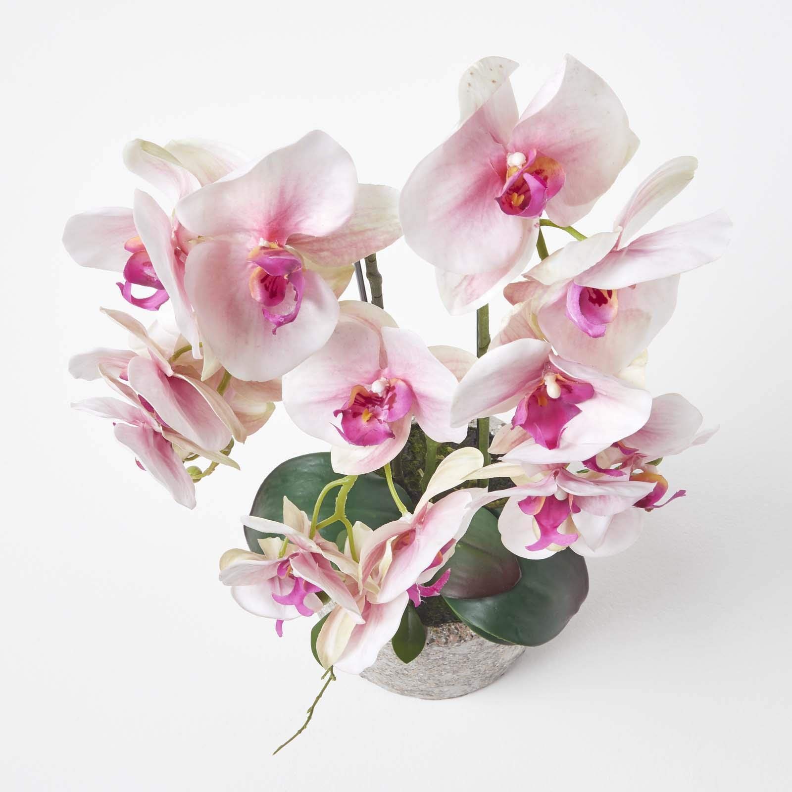 HOMESCAPES Orchidea artificiale bianca in vaso altezza 42cm realistica pianta di orchidea artificiale in vaso di vetro quadrato con fiori di seta e foglie verdi Phalaenopsis orchidea fiore per interni