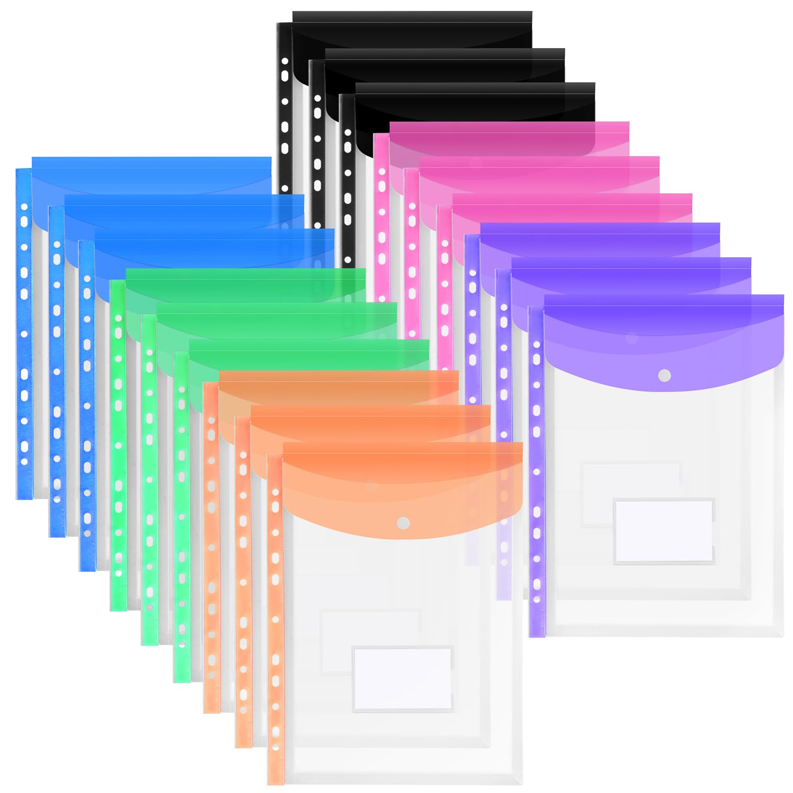 OFFCUP Plastic Wallets A4 Punched Pockets, 18 Pack Expandable Folders Document Files for 2/3/4 Ring Binder with Button & Label, 11 Holes Popper Wallets or School Office Home Travel
