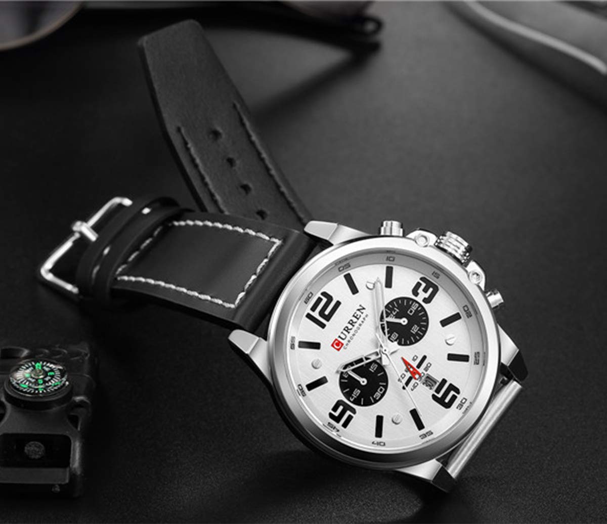 MASTOP Fashion Mens Watch Leather Military Stopwatch Waterproof Chronograph Watch Mens Quartz Watch with Date