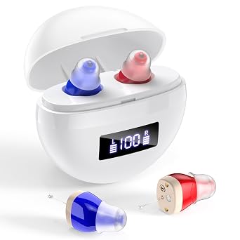 Rechargeable Hearing Aids for Seniors,Invisible Digital Hearing Loss Hearing Amplifier, Noise Cancelling comfort, display battery charging case. Red Blue
