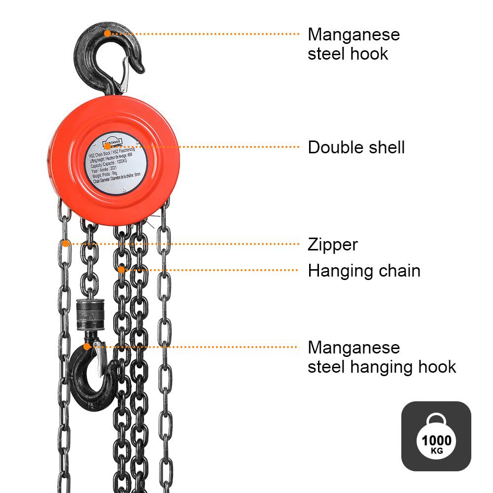 Kettenzug Mit Robustem Haken DEWINNER, Handseilwinde 6,0 m Kette & 1000Kg Tragkraft, Doppelte Ladekette, Kette G80, Hebehaken mit Sicherheitm,Rot (1 Tonne 6 m)