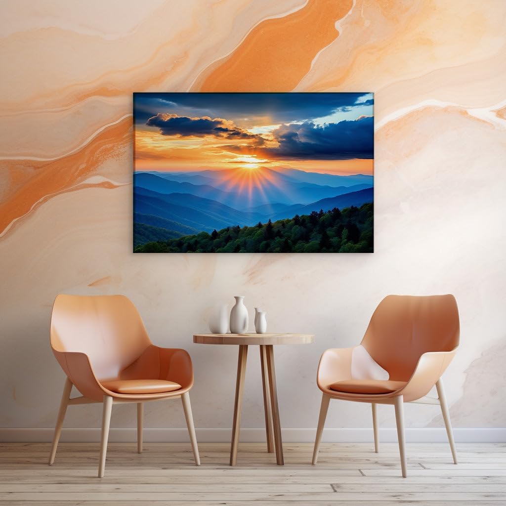 Canvas for Living room. Layered Peaks Basking in the Sunset's Golden Embrace, 27 x 18 inch Canvas Wall Art - Contemporary Masterpieces - Modern Home Decor