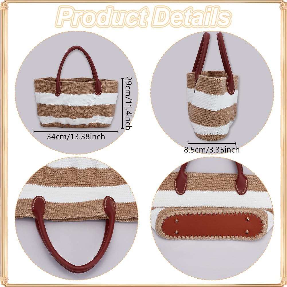ORIGACH DIY Crochet Handbag Kit for Beginners Khaki Striped Crochet Bag with PU Leather Handheld and Base - Image 3