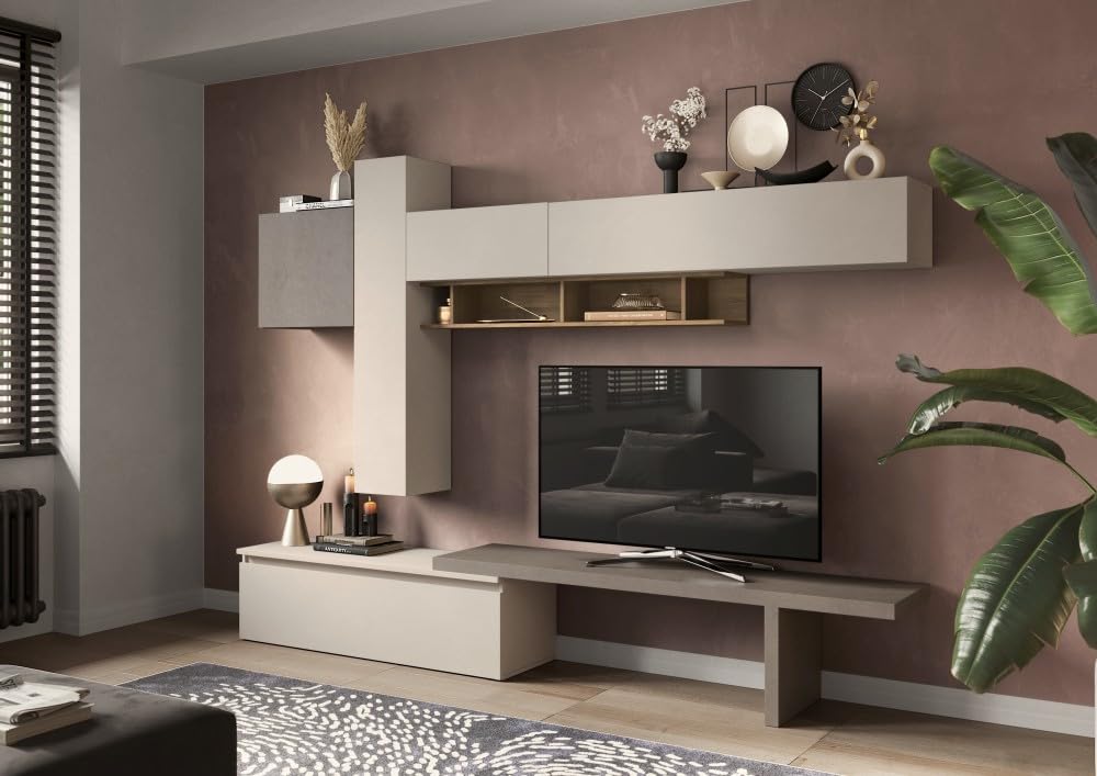 ARREDO DA CASA Parete Attrezzata Soggiorno Design Moderno 290x210 cm con 1 Mensola 4 Pensili Sospesi e Mobile Porta TV con Cassetti e Piano d’Appoggio Bronzo Beige e Noce PAL61