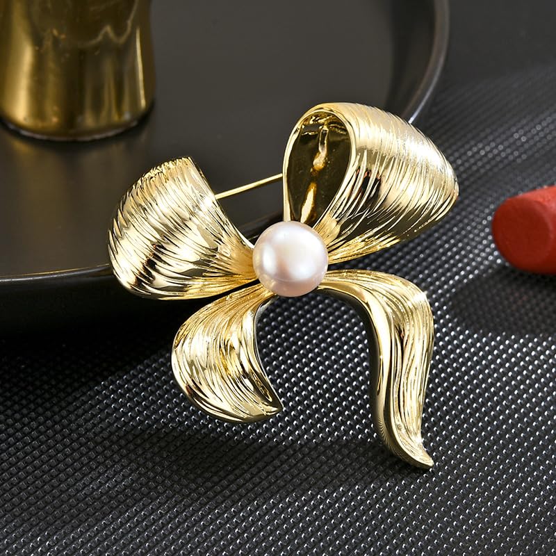 Image of Gold Brooches for Women Ladies Yellow Broach Flower Bow Rhinestone Lapel Pins Blazer Dress Denim Jacket Accessories