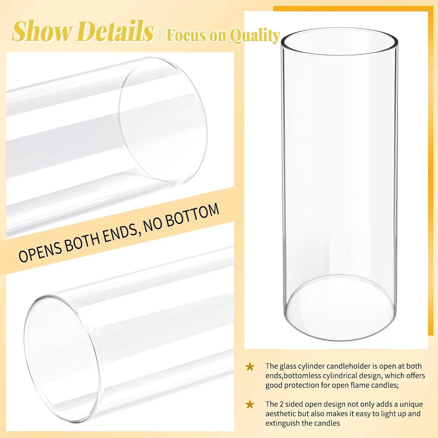 Showgeous 12 PCS Hurricane Candle Holder, D:3" H:14" Open Ended Glass Candle Cylinder Sleeve, Clear Glass Cylinder Candle Holder, Open Flame Candle Chimney Tube Cover, Bottomless Cylindrical Glass
