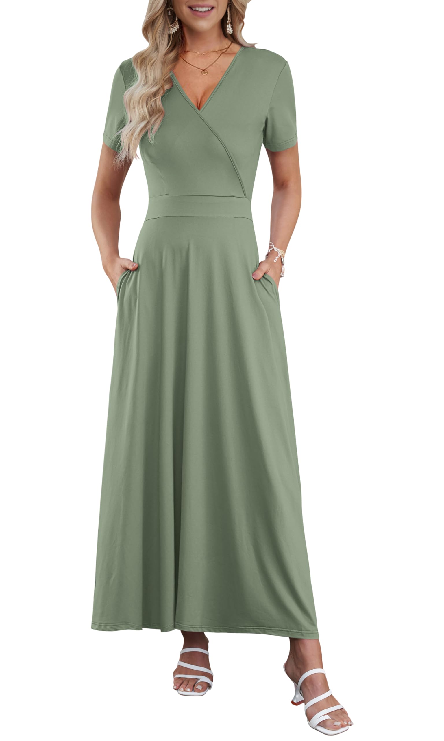 AUSELILY Maxikleid Damen Sommer Kurzarm V-Ausschnitt Cocktailkleid Wickelkleid Sexy Sommerkleider Damen Leicht und Luftig mit Taschen