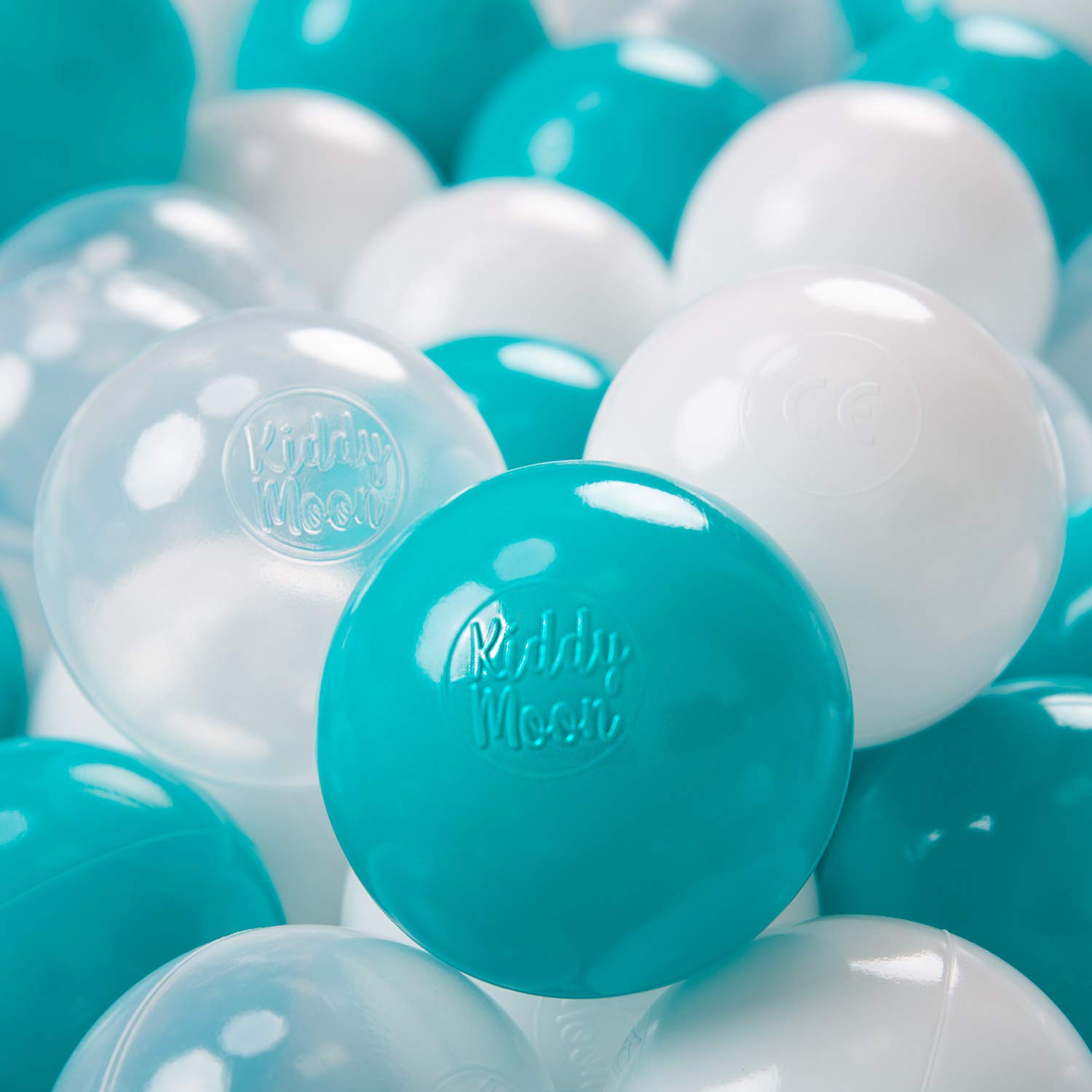 KiddyMoon Soft Plastic Play Balls 300 Balls/7Cm-2.75In Multi-Colour Made In EU, Turquoise/Transparent/White โ image 1