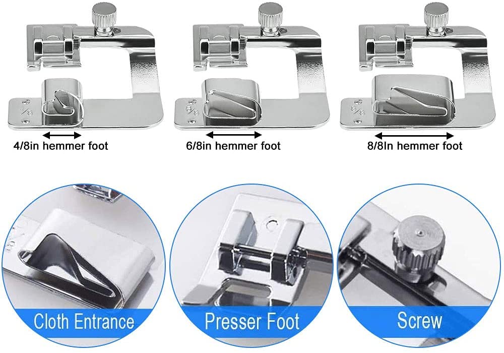 Syga Rolled Hem Presser Foot-6 Sizes 3 Wide Rolled Hem Foot -4/8, 6/8, 8/8Inch & 3 Narrow Foot Hemmer Set -3/4/6mm Hemming Presser Feet Set of 6, Stainless Steel — Amazon image 6