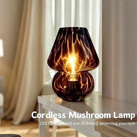 AOMOONOA Glass Mushroom Lamp, Mushroom Desk Lamp with LED Bulb, Small Purple Battery Operated Cordless Lamps for Kitchen Counter, Bedroom Nightstand, Living Room, Gift for Mom photo 2