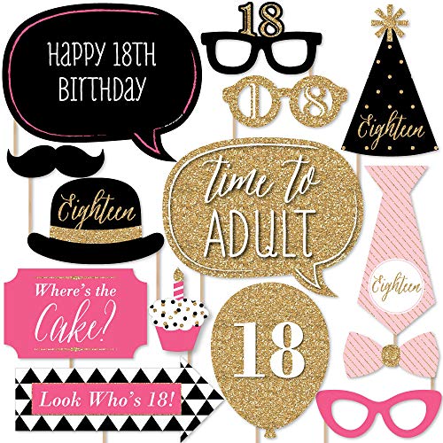 Chic 18th Birthday - Pink, Black and Gold - Birthday Party Photo Booth Props Kit - 20 Count