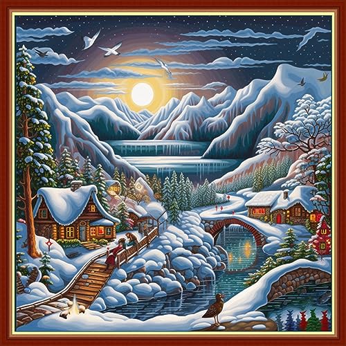 Image of Findvoor Stamped Cross Stitch Kits for Beginners Full Range of Cross Stitching Embroidery Pattern for Adults, 11CT DIY Needlepoint Embroidery Starter Kits-Snow Scenery 17.7x17.7 inch