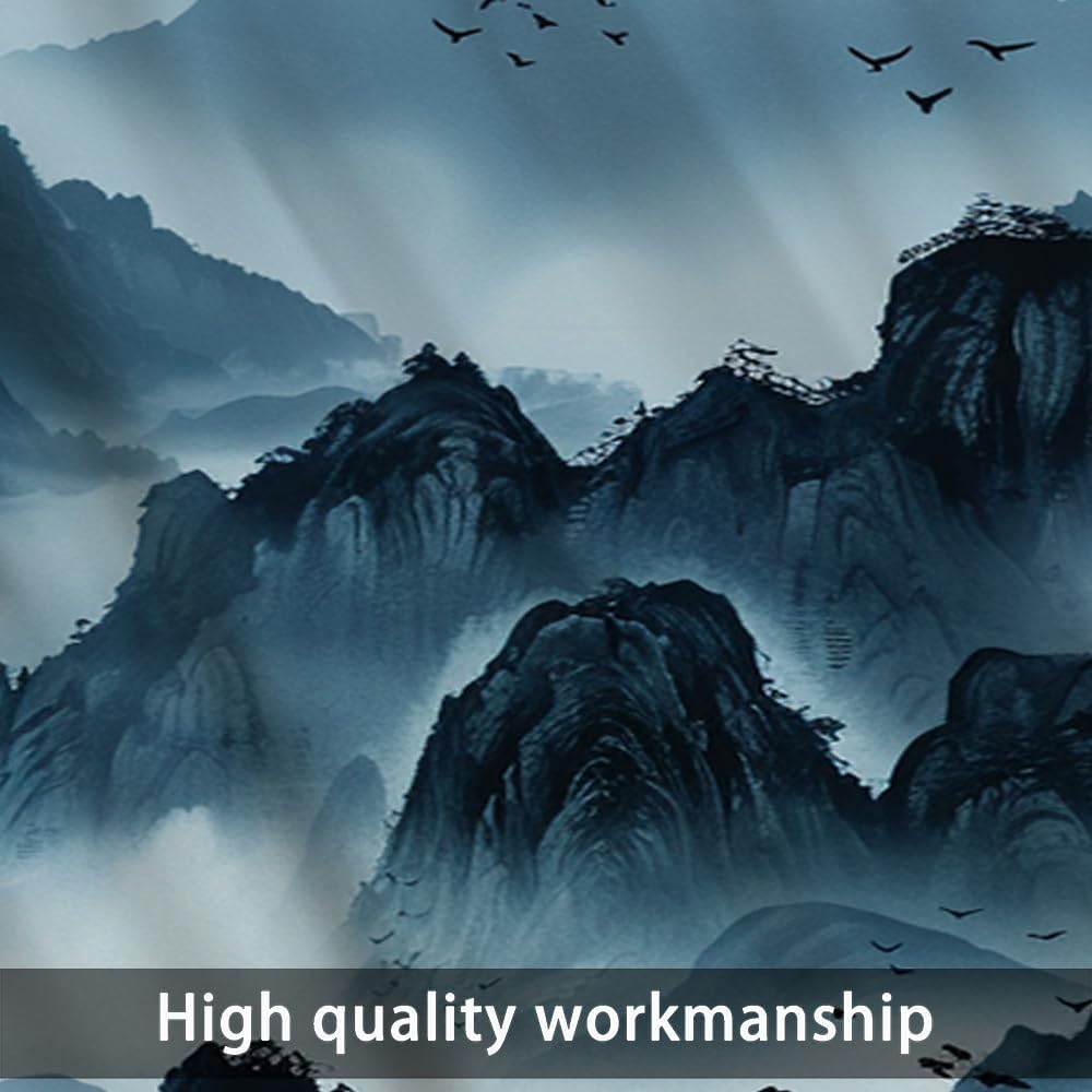 1 Panel Abstract Mountain Valance for Windows, Rod Pocket Sky Bird Asian Ink Painting Short Curtains Window Treatment for Kitchen/Bathroom/Laundry Decor, 54" W X 18" L
